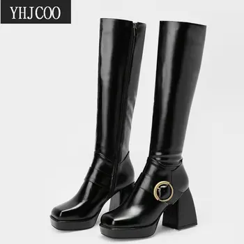 2021 Trendy čizme na platformu do koljena za žene od visoko kvalitetne umjetne kože Jesen-zima na коренастом petu Viteški čizme Klasične crne cipele