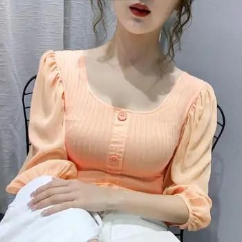 Korejski modni odjeću za slatka djevojčice Bluza Majice s dugim rukavima sa zelenim rukavima Blusas s trga cutaway однобортные košulje Femininas Elegante