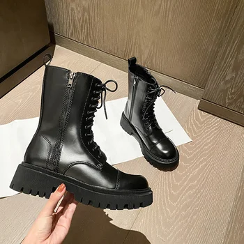 Plus Size 32-43 Crne cipele marke Martin Ženske kožne cipele na platformu masivne čizme čipka-up čizme munje Cipele Jesen-zima