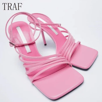 TRAF Za 2021 Ružičaste sandale potpetica na petama Ženske tanke naramenice Narančasta štikle Trendy cipele s trga vrhom na босоножках ženske cipele-brod