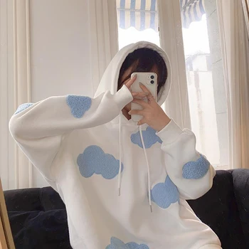 Zimske ženske hoodies Plus Baršun Debeli Slobodna koreanska verzija Plavog Neba i bijelih Oblaka U stilu Crtani odjeće