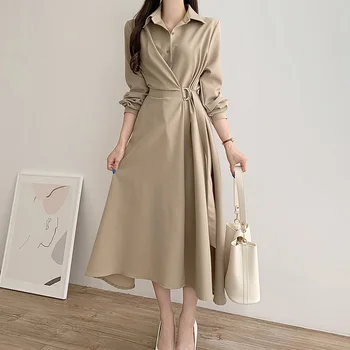Običan haljine-košulje za žene Proljeće Elegantan Jesen 2022 dugih rukava i visokog struka Ured lady večernjim ženske haljine Vestido De Mujer
