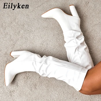 Eilyken Modni bijele ženske čizme do koljena Seksualne s oštrim vrhom na trgu potpetice Ženske duge cipele bez kopče Ženske cipele veličine 35-42