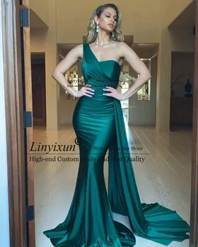 Abendkleider 2021 Smaragdno zelena haljina za prom Duge русалочьи nabora Satiny haljina na jedno rame Večernje haljine