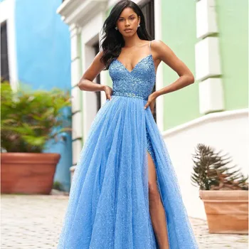 Svijetlo Plavo seksualno jednostavno večernja haljina na trake od tila Dužine do poda s visokim prorezom Трапециевидное haljinu za prom Plus Veličine Po mjeri