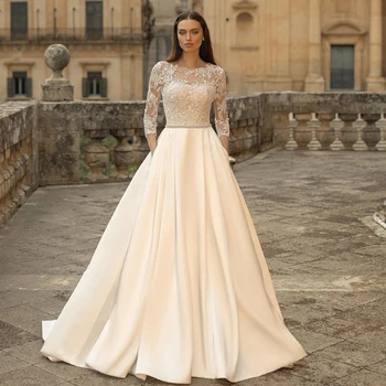 Elegantna vjenčanica loptu haljina s okruglog izreza, iluzorno rukava, buttons, moderan džepovima Dužine do poda, Nove Klasične vjenčanice