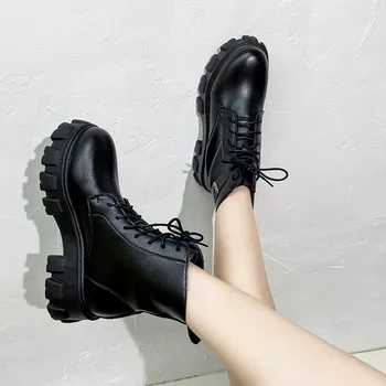 Crnci панковские čizme na platformu moto čizme za žene čipka-up na masivnim petu cipele s kopčom za remen Dizajnerske cipele za žene zapatillas mujer
