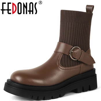 FEDONAS Klasicni buckle Platforma Ženske čizme od prave kože s okruglim vrhom Jesensko-zimska obuća Ženska 2021 Nova Radna Svakodnevnica