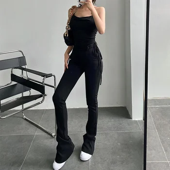 WOMENGAGA 2021 Nove Hlače s visokim strukom i uskim подковами Spaljene hlače Casual moda Korejski ženske hlače Crna JW8Z