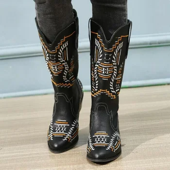 Čizme na platformu od prave kože gledanja Ženske masivni marke dizajnerske kaubojske čizme s vezom Casual cipele Казачья Klasicni Botas Mujer