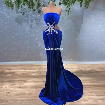 Kraljevsko plava haljina Donje haljinu za prom Sirena Baršun perle, bez naramenica i Izrez sa strane Raskošne večernje haljine po mjeri Nove