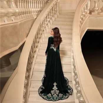 Laurie Royal Green Arapski Muslimanski Duge večernje Haljine dugih Rukava Kaftan s V-izrez Plašt Čipka Aplicirano Maroko Večernjim i noćnim haljine