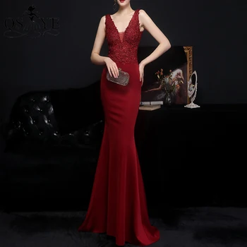 Tamno crvena haljina za prom Čipke bez rukava Protežu Sirena večernjih haljina za žene aplicirano Duga večernja haljina za zabave, sa V-izrez Haljina slavne osobe