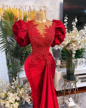 Luksuzni Crveni prom haljina Sirena Arabic Aso Ebi Čipkan vezeni perle Transparentno baršunasto večernja haljina i s urezima Večernja odjeća za stranke na red