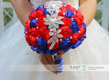 DIY broš buket Svilene Mladenka Vjenčanje Buket za Vjenčanje Djevojka je Mladenka Crvene i tamno plave tkanine ruže Prilagođene buketi s dijamantima