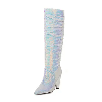 2020 Nove zimske ženske čizme do koljena Moderan s oštrim vrhom ženske čizme u zapadnom stilu sa плиссированными šiljcima na visoke potpetice Ženske cipele