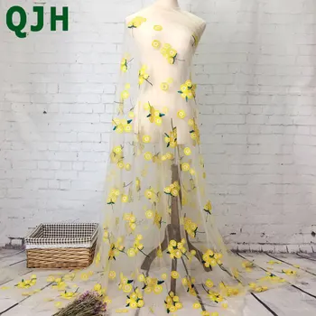 1 yard Novi dolazak modni žute cvjetove afrička vez cvjetne čipke tkanina vjenčanica i veo čipke materijal Prozirni tila
