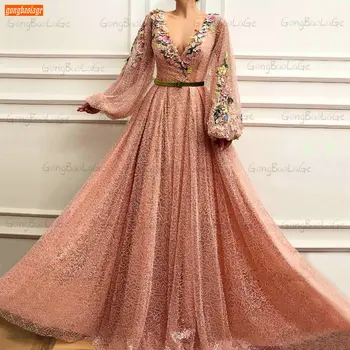 Sjajne ružičaste haljine za maturalne s dugim rukavima 2021 vestido de fiesta de boda s V-izrez, izvezena šljokicama, ogrtači de bal, šivani po mjeri ženske večernje haljine