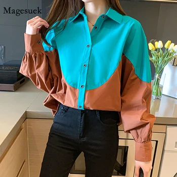 Korejski košulja u patchwork stilu kontrastne boje 2021 Proljeće Plus Veličine Odjeće za žene Berba gumbe dugi rukav Slobodna Bluza 13111