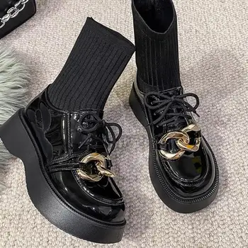 Ženska casual cipele i 2022 Jesen Novi modni platforma čipka-up Kožna Metalni lanac Ukras Ytmtloy Cipele Zimske Chelsea