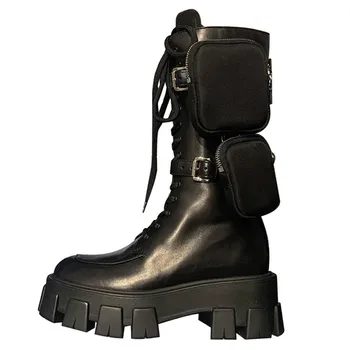 2020 Novi dizajn moto čizme na platformu s džepovima, ženske lijepe cipele s debelim potplatima s okruglim vrhom, crnci vojne cipele s debelim potplatima, полусапожки
