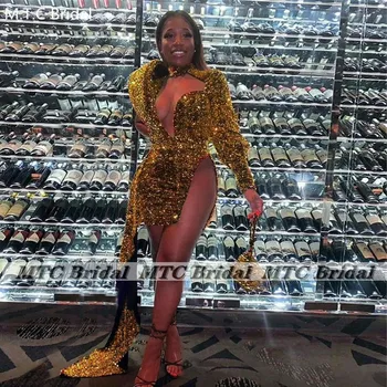 Sjajni zlatni kratke afričke djeveruša haljina, uske mini-šljokice 2021, dugi rukav, seksi koktel večernja ženske haljine Plus veličine