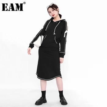 [EAM] Za žene Boju blok bez naramenica narukvica je Duga haljina Nova s kapuljačom i dugi rukav Besplatno Trendy Plime Proljeće i Jesen 2022 1DD513201