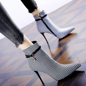 Dizajnerske kariranih tkanina ženske čizme potpetica na visoku petu s patent-zatvarač Office ženske večernje cipele Jesen-zima 34-39