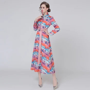 Banulin Dizajn haljina za modnu pistu 2021 Za žene dugih rukava Vintage zone Duga haljina-košulja Svečane haljine Maxi Haljinu Dugu N68660