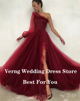 Verngo Elegantne prašnjav-ružičaste čipke i duge haljine za maturalne rukav na jedno rame i nabora, Večernje haljine, Donje haljinu za posebne prigode