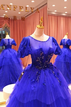 Luksuzno raskošnom haljina 2021 s okruglog izreza i rukavima, отделяемыми kristalnim perle, Tamno plava haljina za prom, Loptu haljina po mjeri