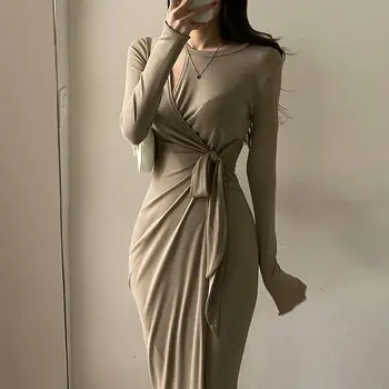 FORYUNSHES Haljine za žene 2021 Korejski moda s otvorenim ramenima Seksi Asimetrija Elegantan haljinu Jesensko-zimska odjeća Maksi Y2k
