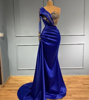 Kraljevski Plava Sirena Duge večernje haljine 2021 Fin zlatni kristali Top s dugim rukavima od satena Večernjih haljina za žene