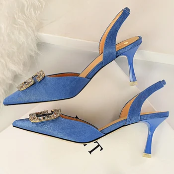 2022 Ženski ljeto sjajna sandale na visoku petu 7 cm za prom Ženske cipele-brod na niskim petama s kristalima za prom Ženske cipele sa žutim plavim remenom