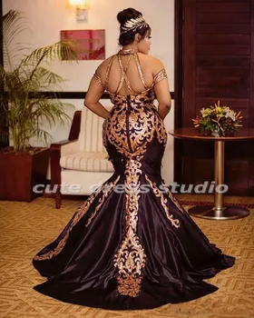 Seksi Maturalne Haljine Plus Veličine za žene Večernje Zlatne šljokice s otvorenim ramenima Afričke večernje haljine Sirena s vlakom