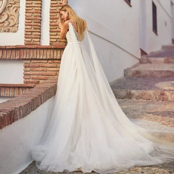 Svadba haljina od tila trapeznog oblika 2021 na trake s V-izrez bez rukava, čipkan haljina s otvorenim leđima i gumbe, vjenčanicu s накидкой