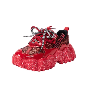 2021 Novo proljeće i Jesen Ženske masivni tenisice i Cipele na platformu Sjajne crvene ženske kožne svakodnevne cipele Ženske cipele вулканизированная