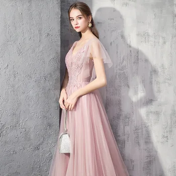 Nova Slatka je rose večernjih haljina za banket Elegantan čipkan haljina s V-izrez s čipkastim aplikacije Duga večernja večernjih haljina za prom Vestidos De Noche
