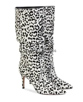 Čizme od leoparda antilop sa oštrim vrhom, kožne ženske trendy čizme na tankom petu do koljena, seksi čizme na visoku petu s po cijeloj površini, modeliranje cipele