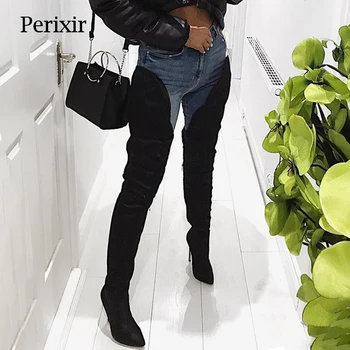 Dizajn Perixir Ženske čizme iznad koljena s oštrim vrhom Super Jednostavno udobne cipele ručne izrade 2021 Nova zimska ženska obuća