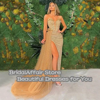 BridalAffair Luksuzni Zlatne haljine za maturalne Šampanjca sa odvojivim vlak zrna s сердечком i prorezom sa strane Haljina za prom Haljina za slavlje 2022
