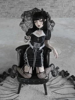 Ovratnik-satna čipkom нашивкой kratkih rukava mini haljinu Gothic Punk Crna haljina-torbica čipka-up Haljina Cheongsam Ljeto 2020