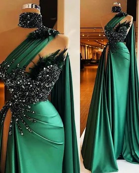 Luksuzno večernja haljina s beaded na jedno rame, Русалочье zelene donje seksi haljina za prom s vlakom, satin perje s otvorenim leđima, Haljine za zabave