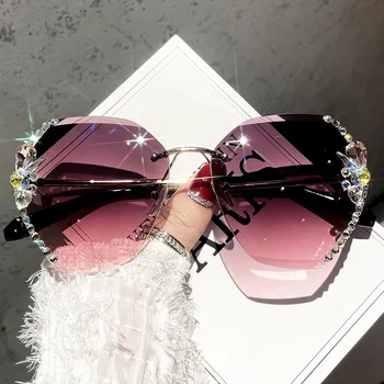 Luksuzne Modne Prevelike Sunčane naočale rimless Ženske Modne marke dizajnerske Velike rimless dijamant Kvadratnog Sunčane naočale za žene