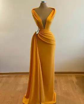 Zlatne haljine za maturalne s sirena, duboki V-izrez u obliku, атласное seksi večernje haljine 2021, Коктейльная college, petlja, Večernja odjeća