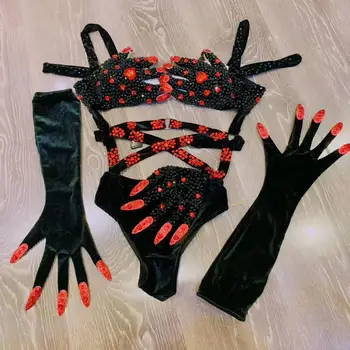Noćni klub College Ples na шесте Pozornica odijelo Setovi za žene Seksi bodi sa štrasom s dugim rukavicama za nokte Odjeća za Noć vještica