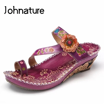 Ženske papuče Johnature od prave kože s ručno oslikanim Ženske cipele 2021 g. Nove ljetne tobogan s cvjetnim klinovi za Ženske papuče ručni rad