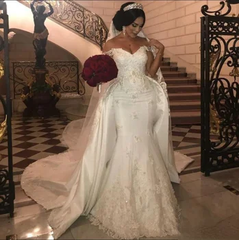 Afrički Elegantan Svadbeni haljina Sirena s otvorenim ramenima 2021 Seksi čipka aplicirano od satena Plus Size Dugi vlak Kapele vjenčanica