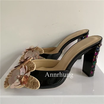 Sandale sa štrasom i cvijećem-leptirićima Ženski ljeto šareni sa dijamantima sandale na visoku petu cipele od lakirane kože za djevojčice