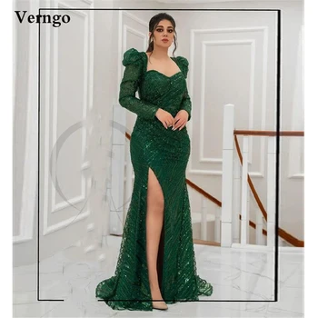 Verngo Emermald Zelene čipke, haljine Sirena s bujnim dugim rukavima s bočnim prorezom Svjetlucavi haljinu za prom Arabic večernja haljina u Dubaiju